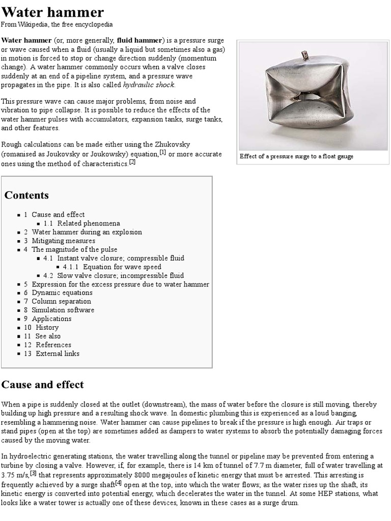 Water Hammer Wikipedia, The Free Encyclopedia PDF Hydraulics Gases