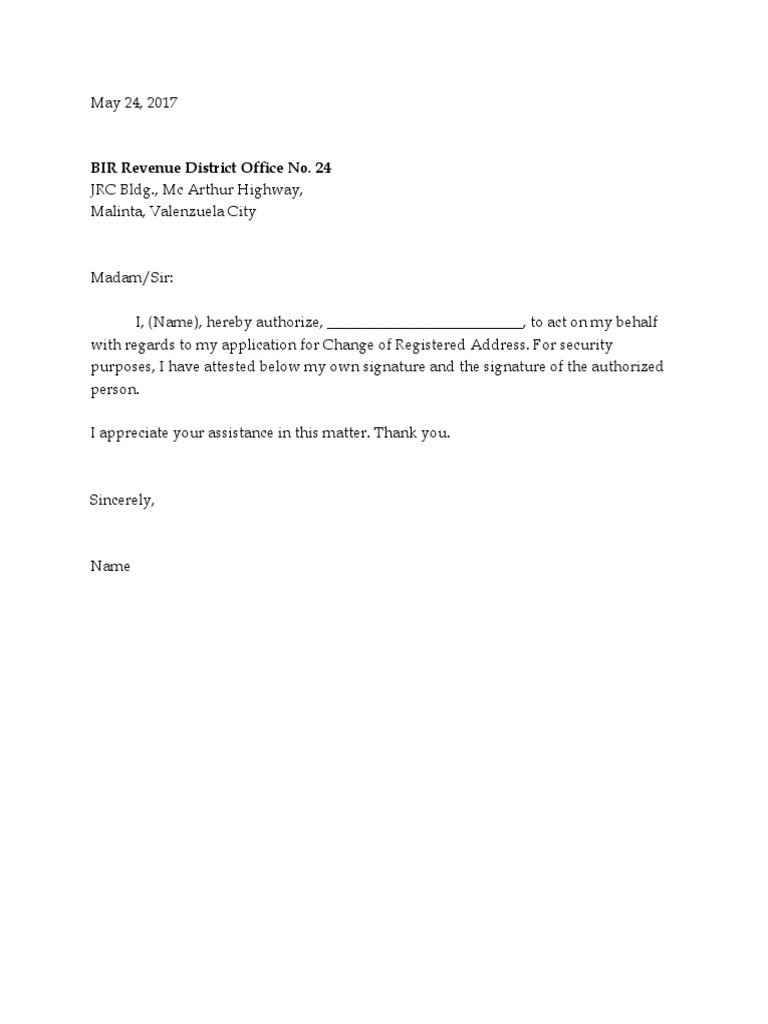 Authorization Letter for BIR Processing | PDF | Politics | Law