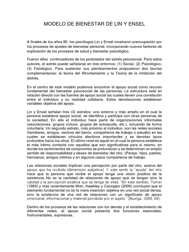 Modelo de Bienestar de Lin y Ensel Informe | PDF | Bienestar | Estrés  (biología)