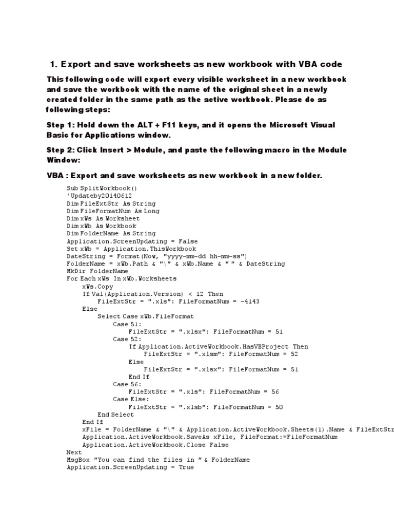 Export and Save Worksheets As New Workbook With VBA Code PDF Visual