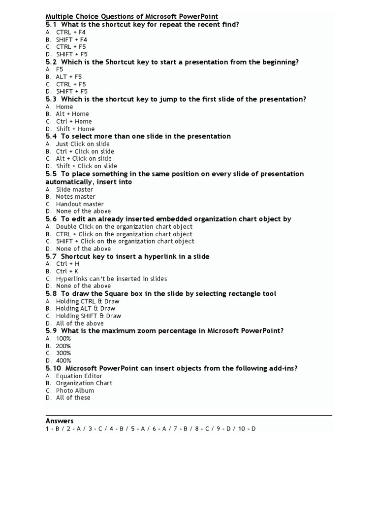 Multiple Choice Questions of Microsoft PowerPoint | PDF | Microsoft ...