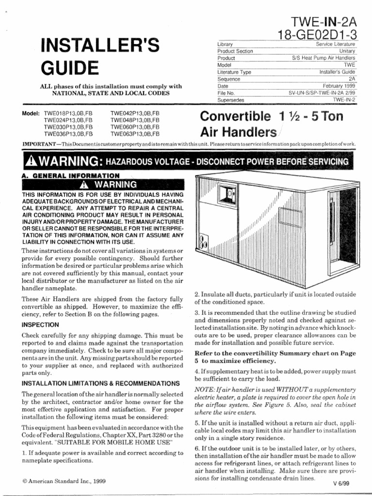 Trane TWE-In-2A 18-GE02D1-3 TWE030P130B0 Air Handler Installer's Guide