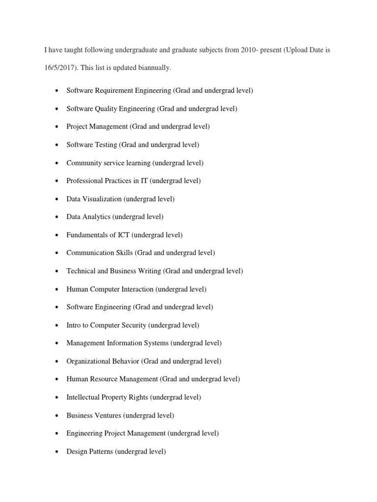 I Have Taught Following Undergraduate and Graduate Subjects From 2010 ...