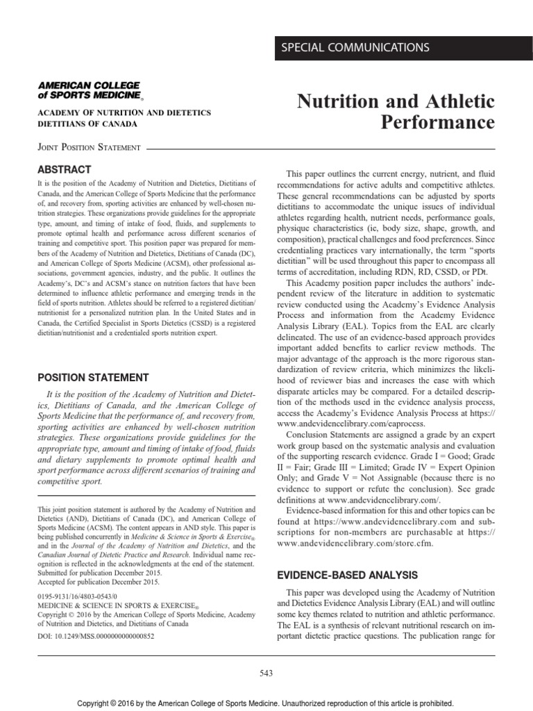 Nutrition and Athletic Performance | PDF | Dietitian | Evidence Based ...