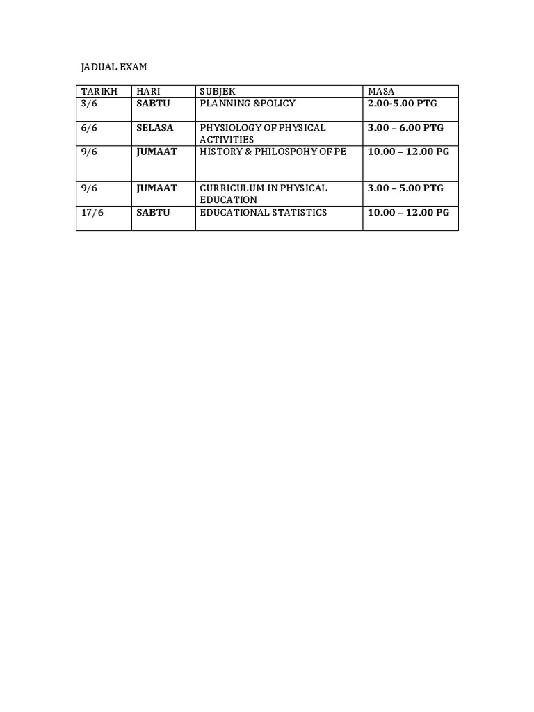 Jadual Exam dan Masa Peperiksaan | PDF | Wellness | Self-Improvement