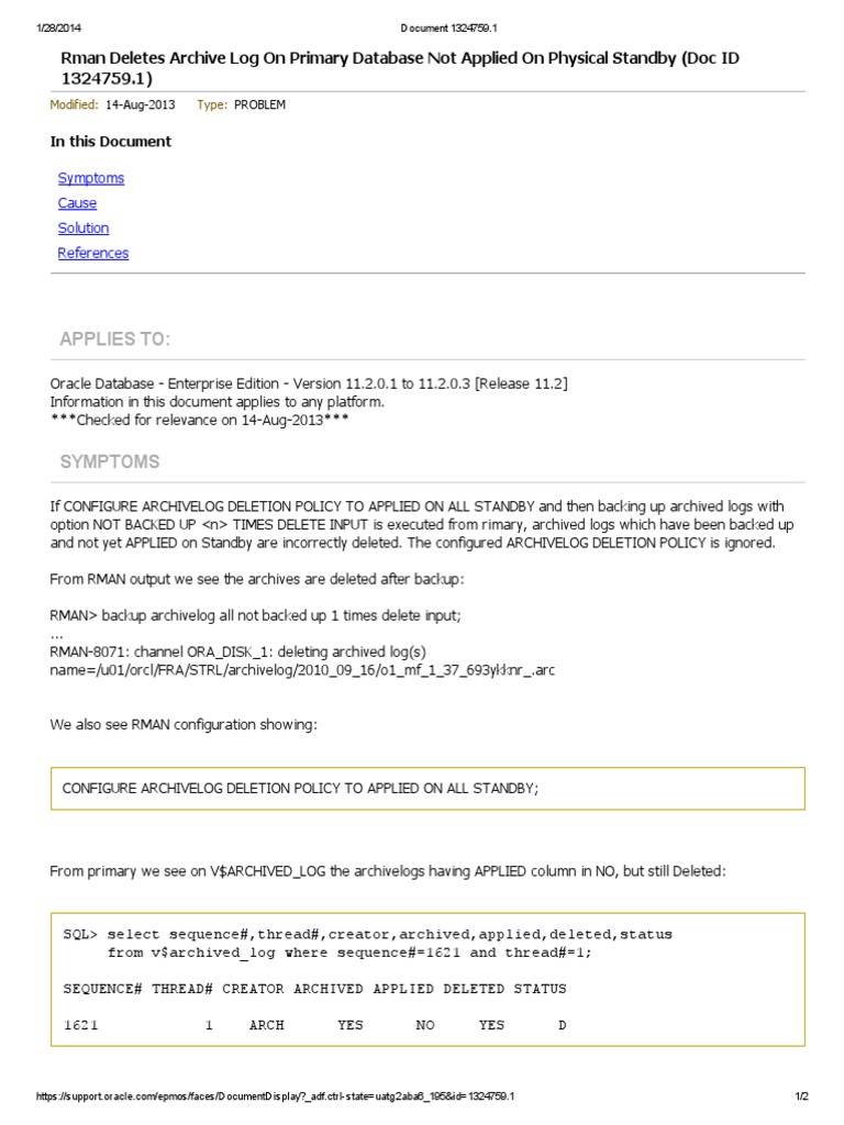 Rman Deletes Archive Log On Primary Database Not Applied On Physical Standby PDF Backup