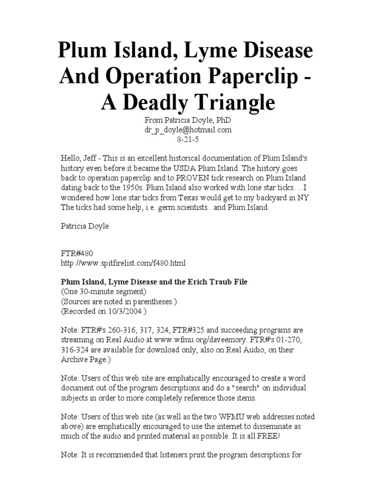 Plum Island Lyme Disease and Operation Paperclip a Deadly Triangle
