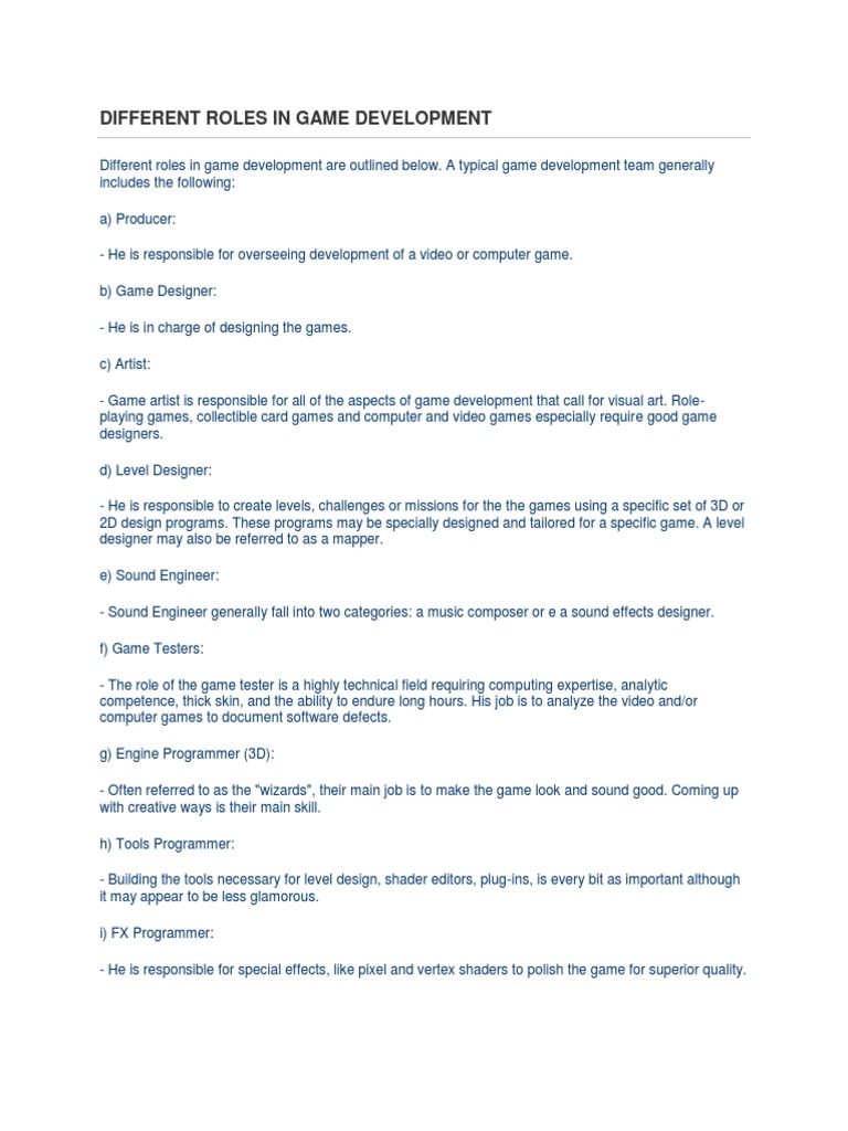 Key Roles in Game Development Team | PDF