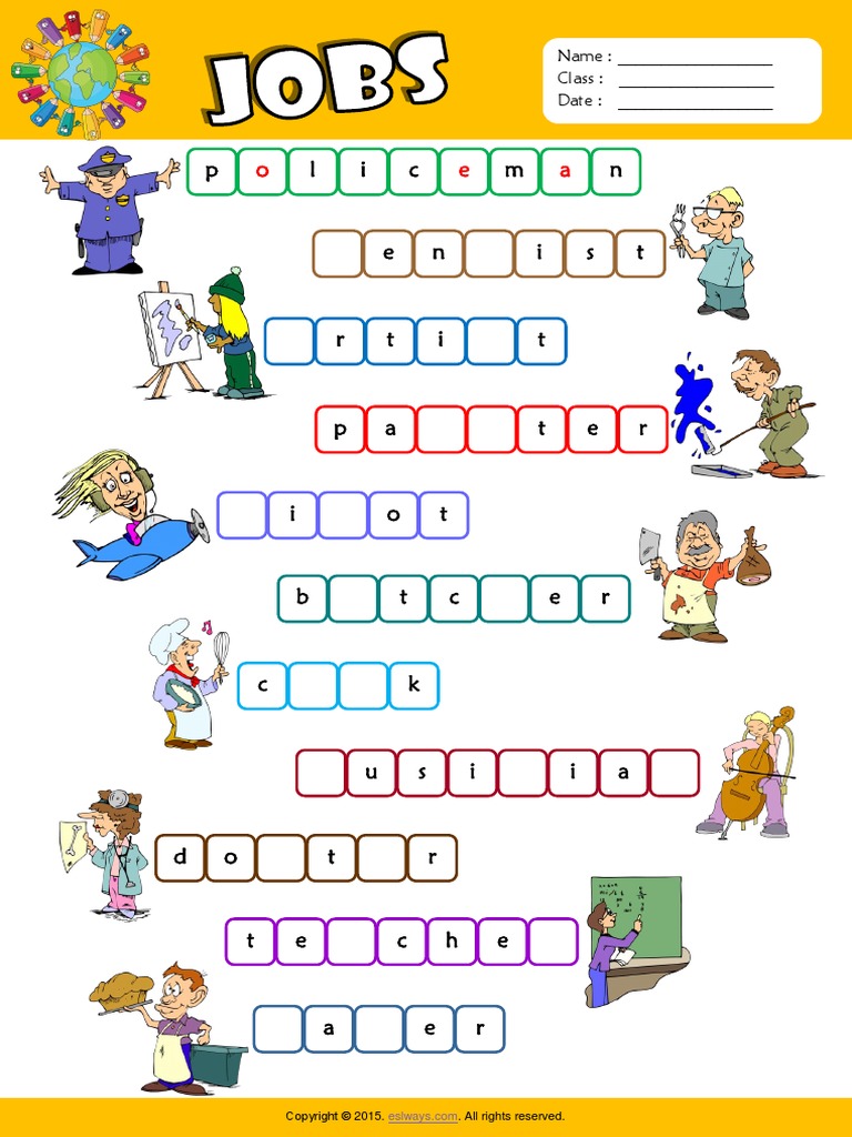 Jobs Esl Vocabulary Missing Letters in Words Worksheet for Kids