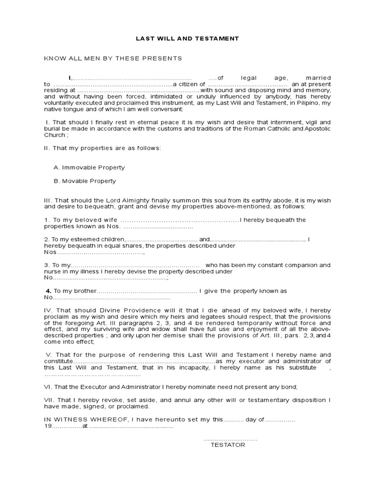 Last Will and Testament Template | PDF | Will And Testament | Property Law