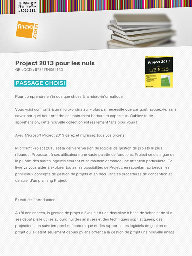 Gestion De Projet Pour Les Nuls Pdf Project 2013 Pour Les Nuls | PDF | Gestion de projet | Planification