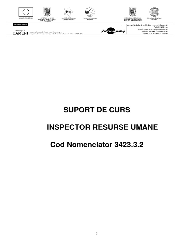 Suport De Curs Calificare Inspector Resurse Umane