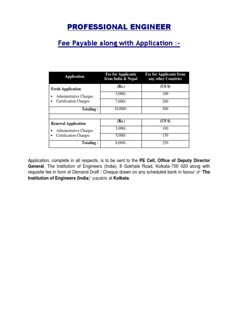 Professional Engineer Fee Payable Along With Application | PDF