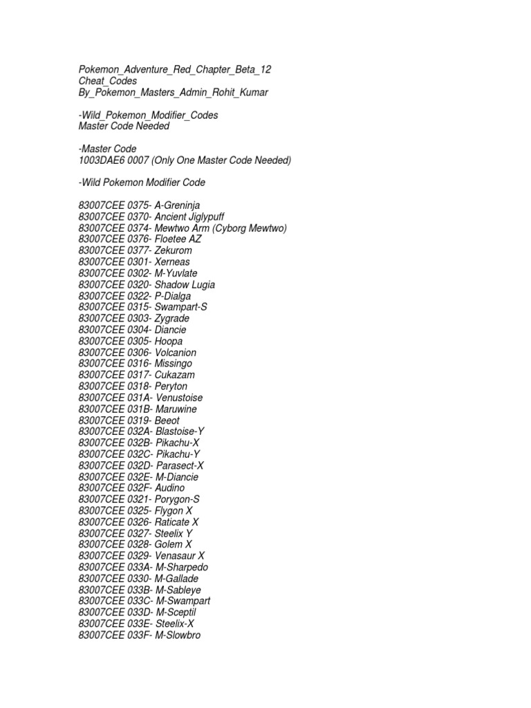 Pokemon Adventure Red Chapter Beta 12 Cheat Codes Pdf Artificial Mythology Nintendo Franchises