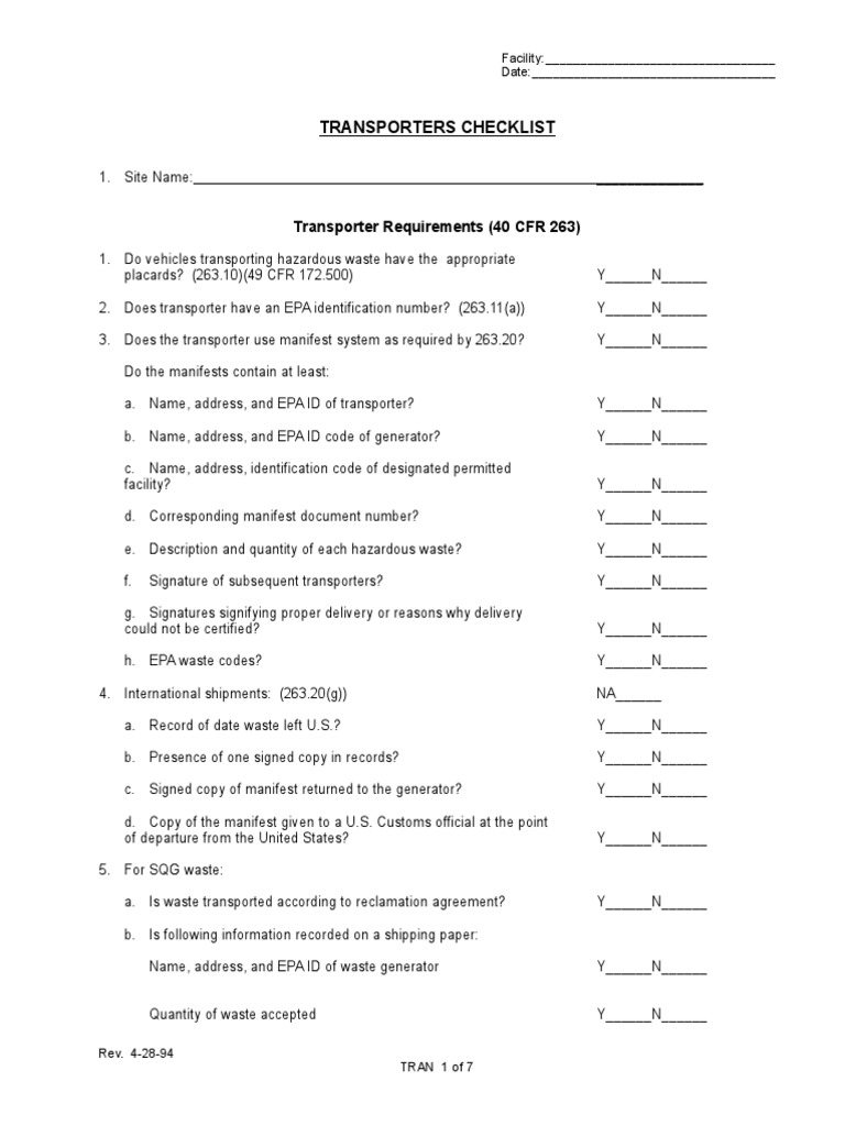 Transporters Checklist Transporter Requirements (40 CFR 263) PDF