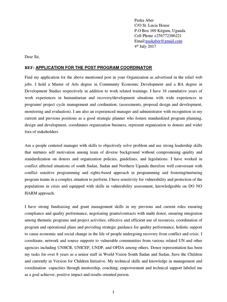 Cover - Letter - Program Coordinator | PDF | United Nations Development ...