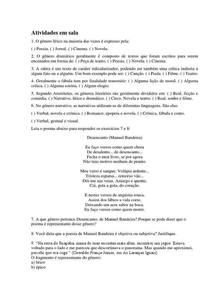 Atividades sobre Gêneros Literários | PDF | Poesia
