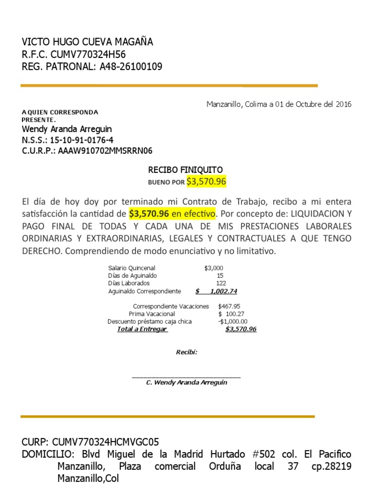 Carta Finiquito Simple PDF Relaciones laborales Compensación laboral