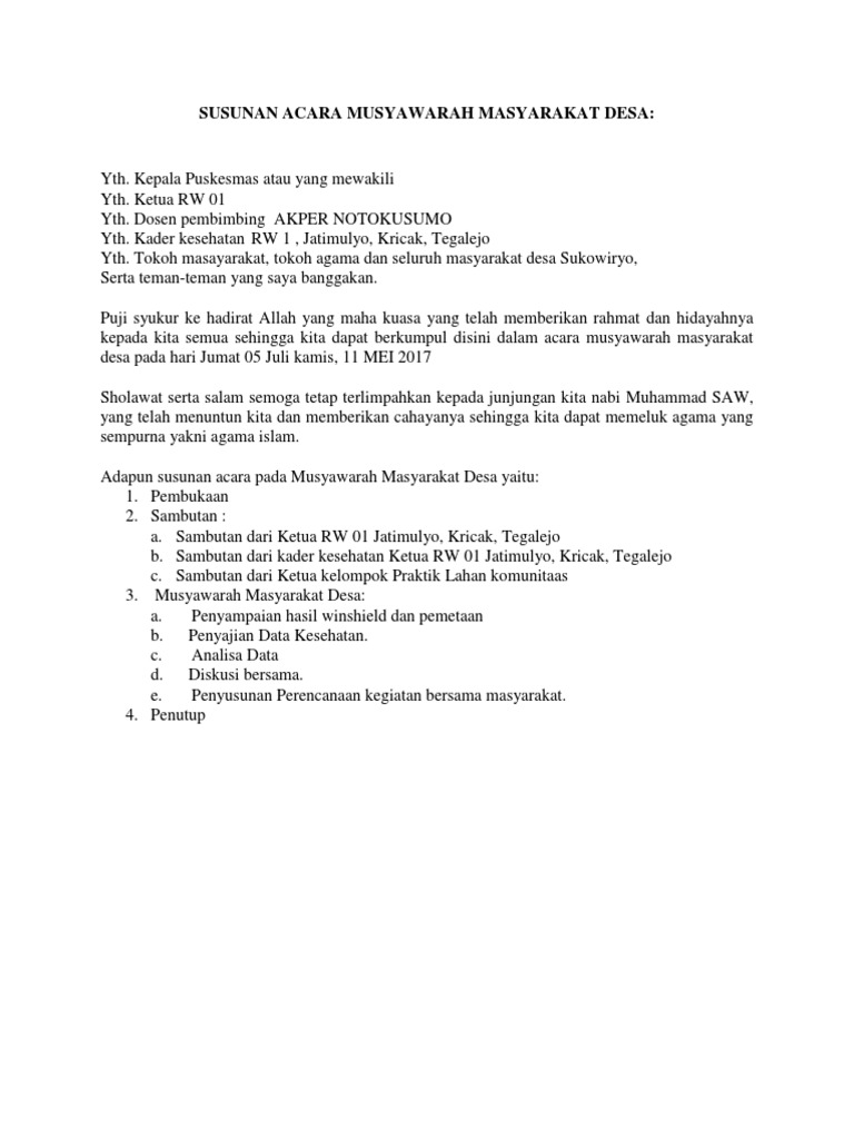 Susunan Acara Musyawarah Masyarakat Desa