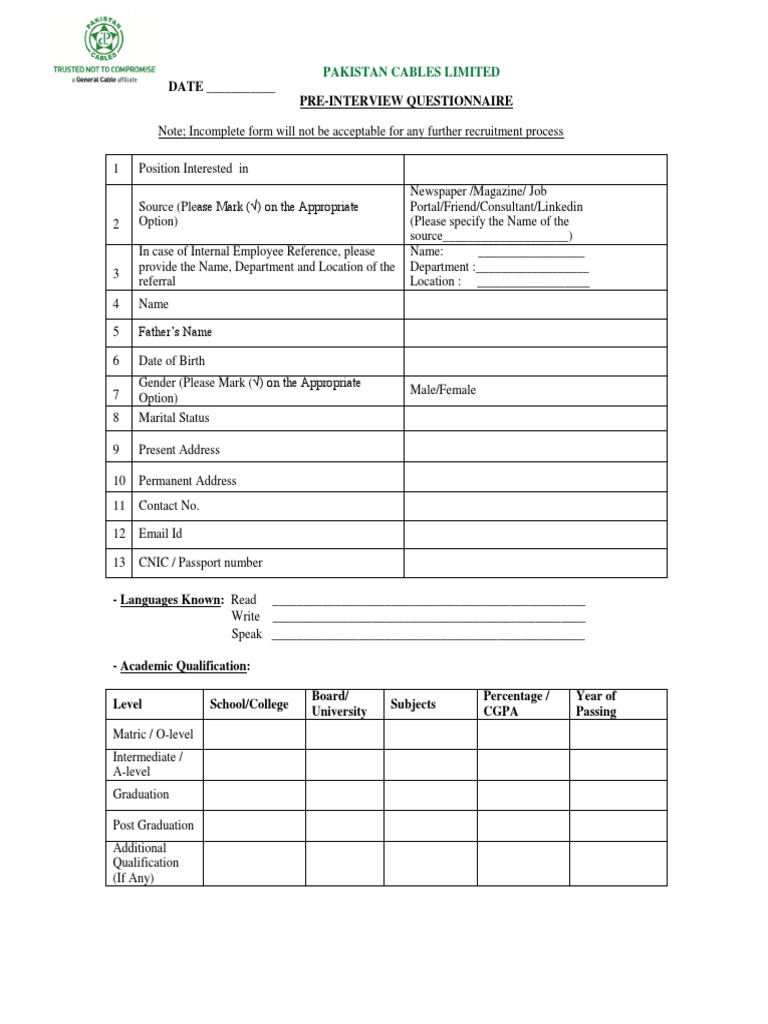 Pre Interview Form | PDF | Salary | Employment