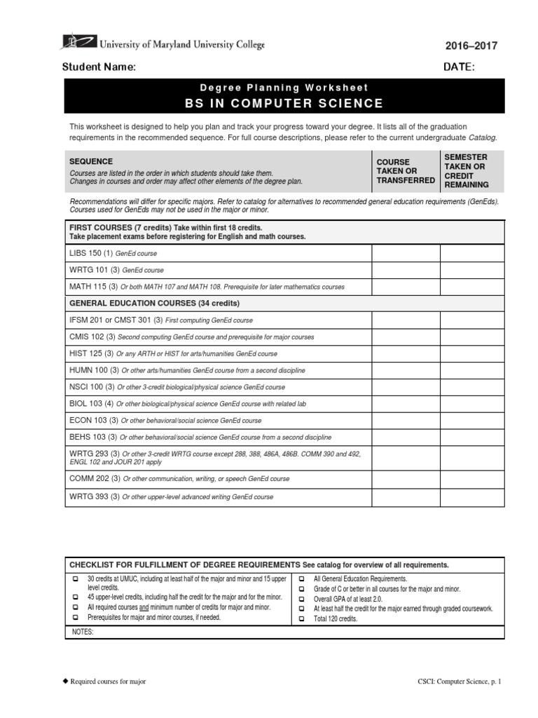 Computer Science Major Worksheet 2016 17 PDF | PDF | Curriculum ...