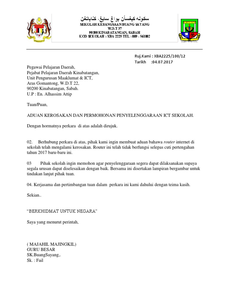 Contoh Surat Aduan Kerosakan Longkang