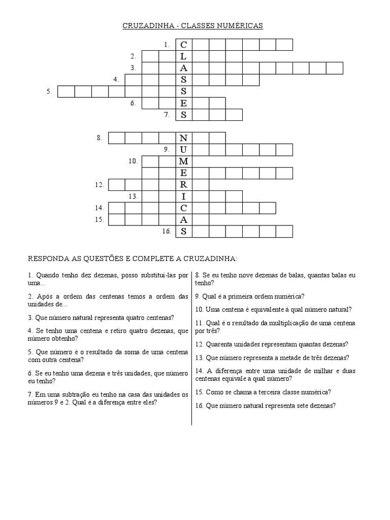 Cruzadinha sobre Classes Numéricas | PDF