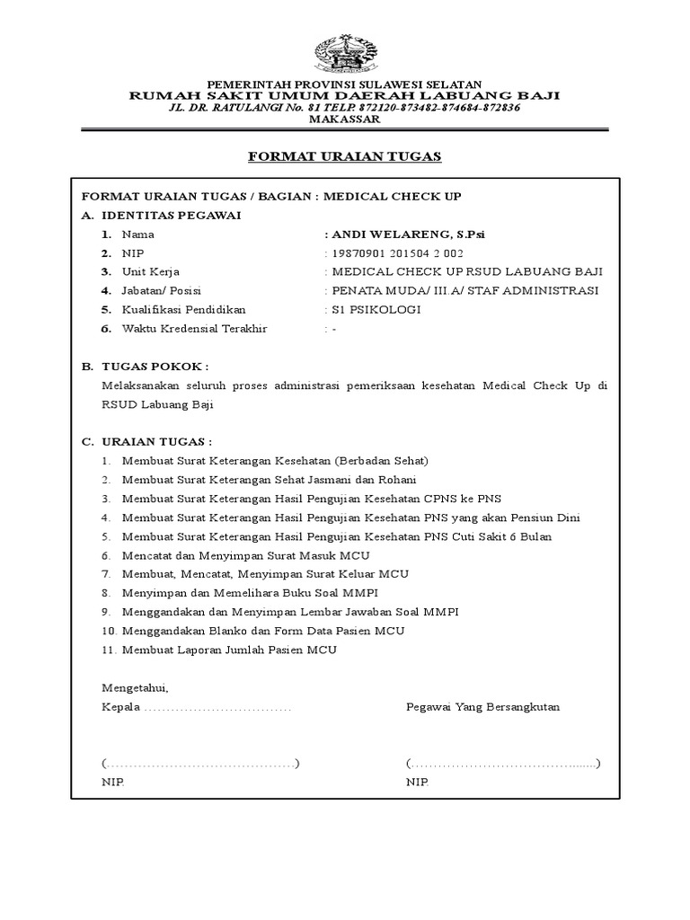 Uraian Tugas Staf Administrasi Medical Check Up 2022