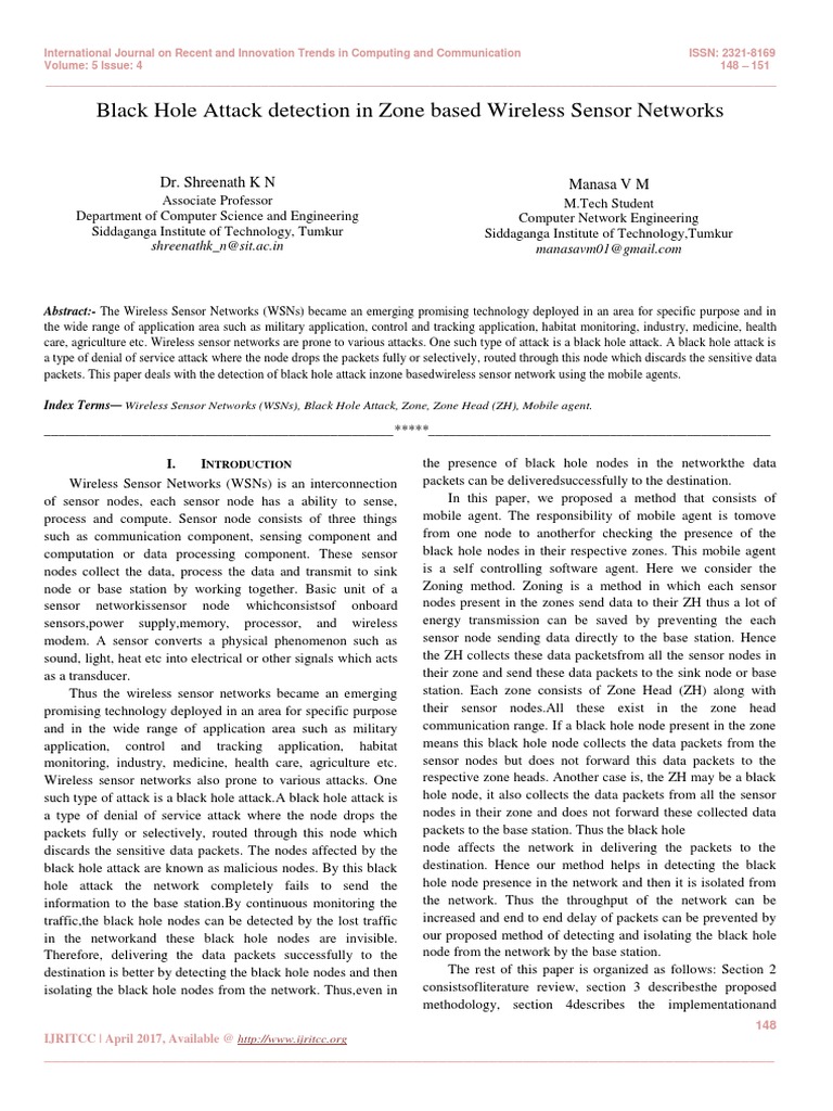 Black Hole Attack Detection in Zone Based Wireless Sensor Networks ...