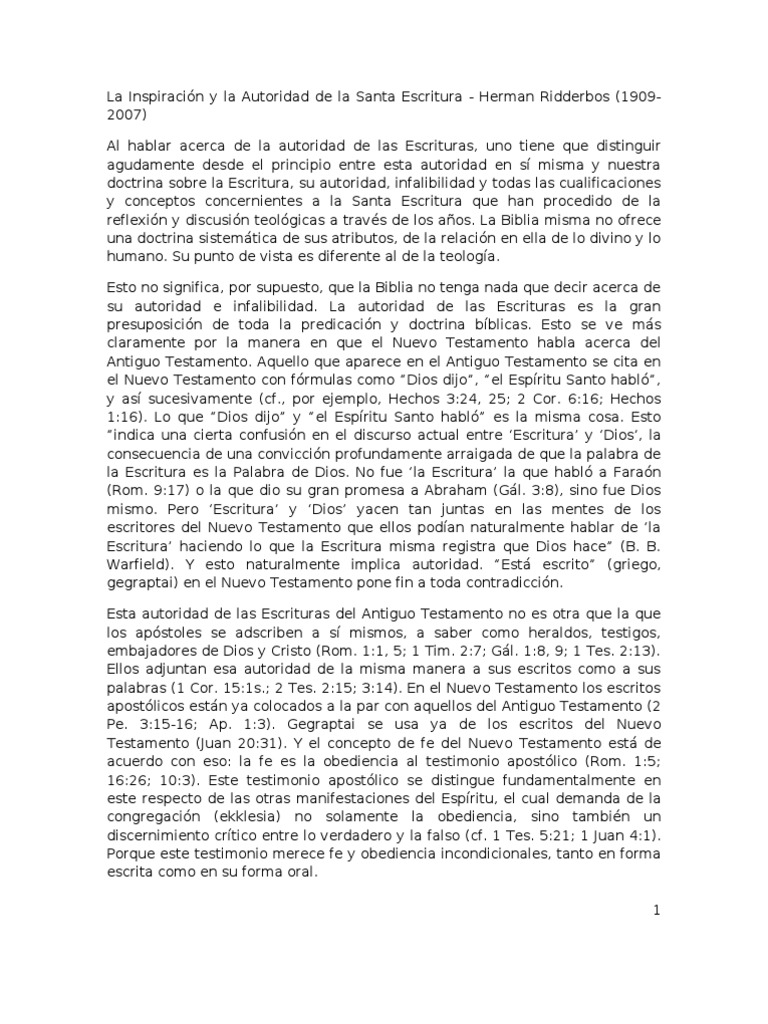 La Inspiración y La Autoridad de La Santa Escritura - Herman Ridderbos ...