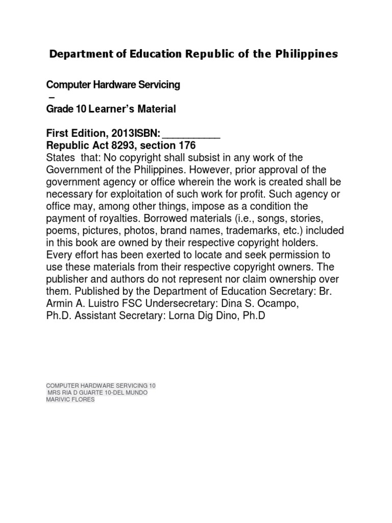 Computer Hardware Servicing Grade 10 Learner's Material First Edition