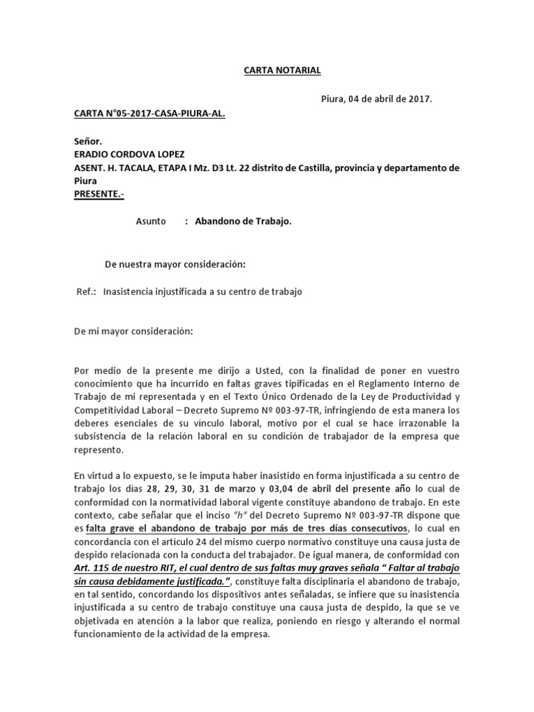 Abandono de Trabajo Ej.  PDF  Derecho laboral  Virtud