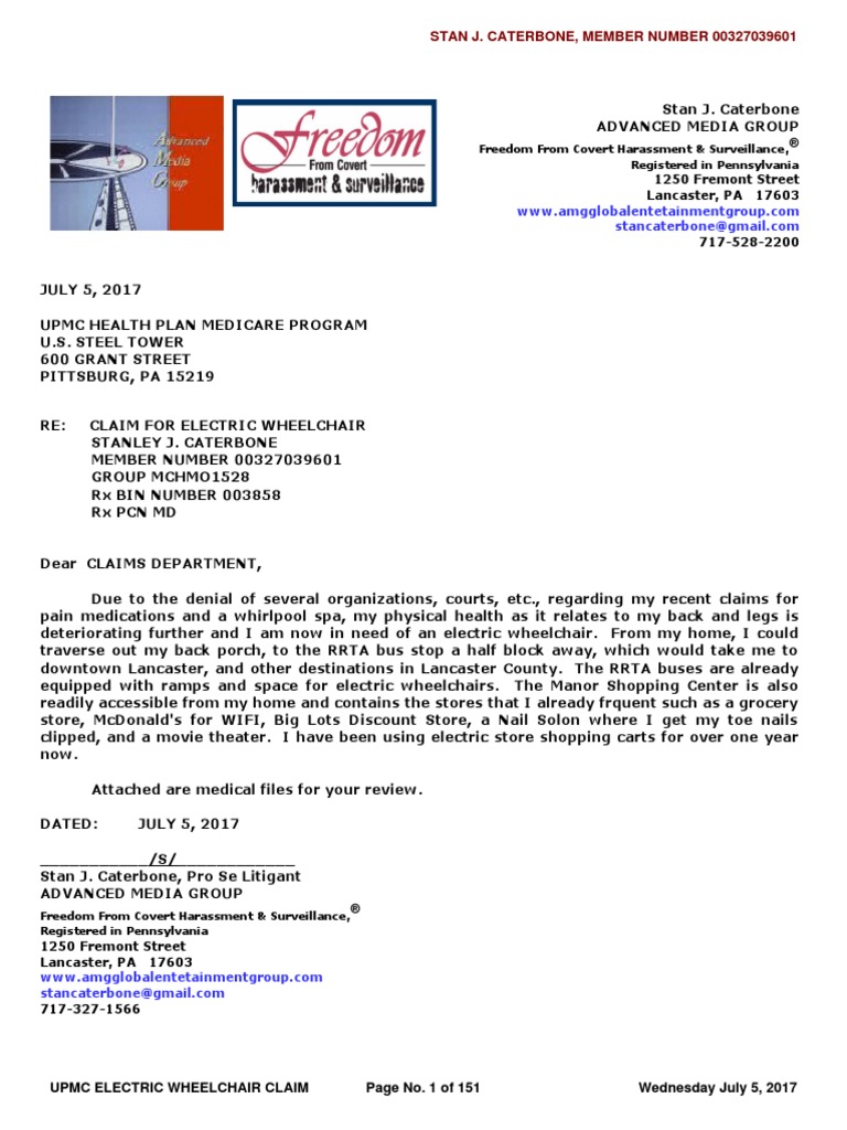 LETTER TO THE UPMC HEALTH PLAN MEDICARE PROGRAM re CLAIM