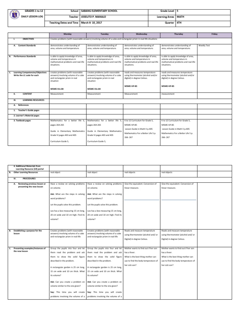 Grade 5 Math Daily Lesson Plan | PDF | Thermometer | Temperature