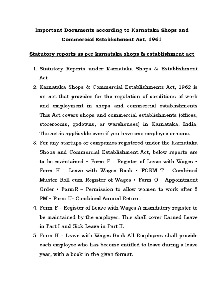 Documents as Per Karnataka Shops and Commercial Establishment Act