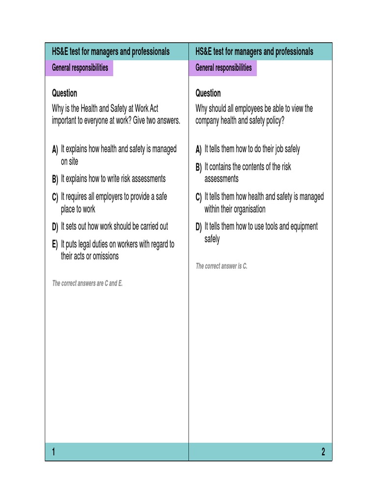 HS&E Test for Managers and Professionals | PDF | Personal Protective ...