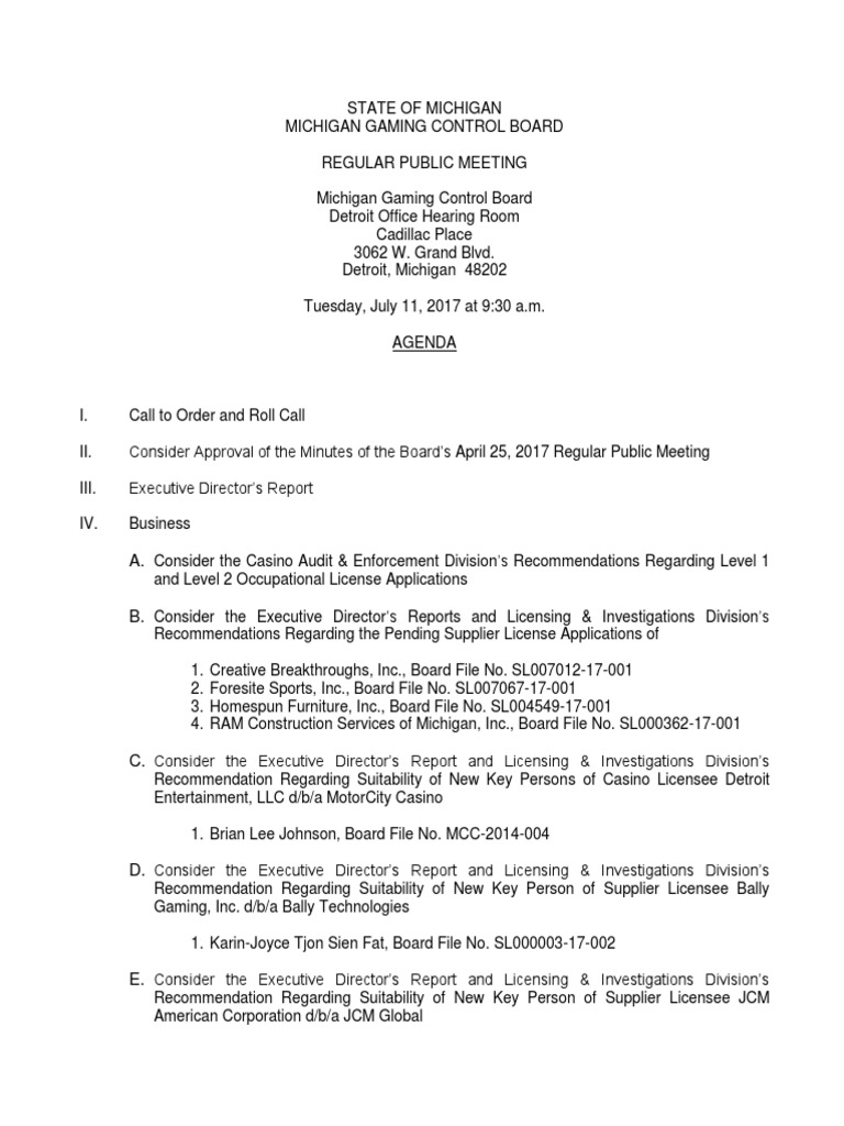 Michigan Gaming Control Board 2017 July Agenda PDF Government