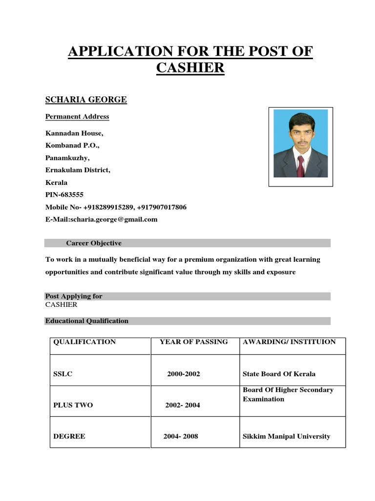 Application For The Post of Cashier: Scharia George | PDF