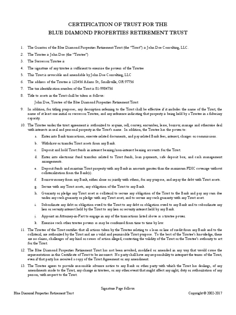 Certification of Trust Example | PDF | Trust Law | Security Interest