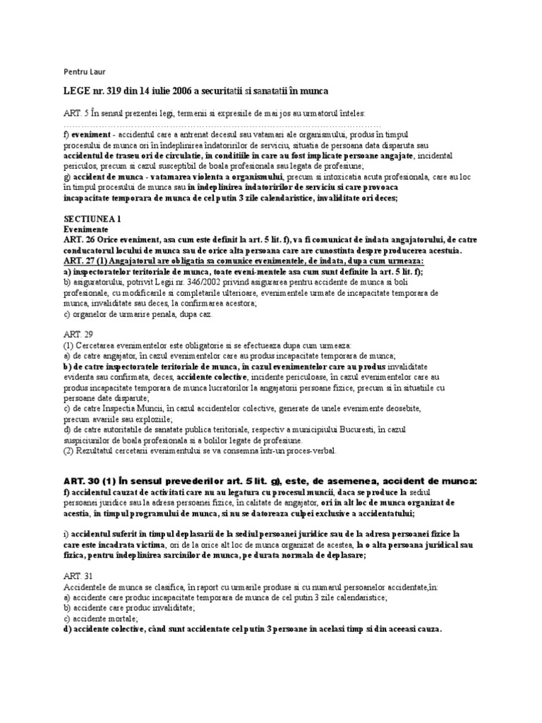 Lege Nr 319 Din 14 Iulie 2006 A Securitatii Si Sanatatii In Munca