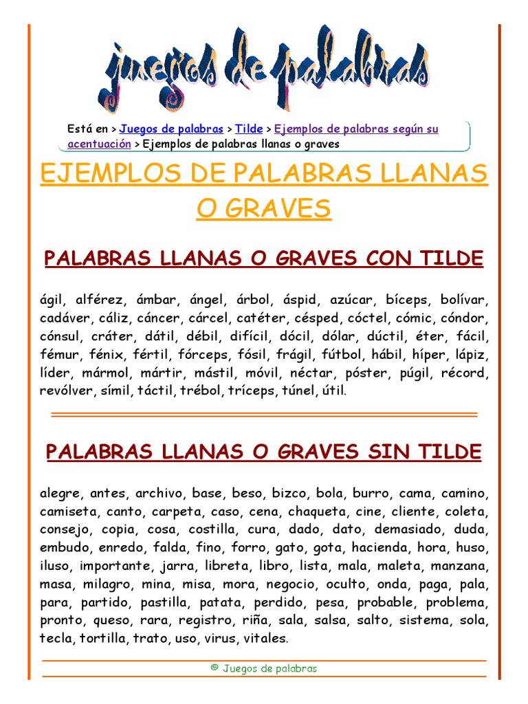 Ejemplos de Palabras Llanas o Graves. Palabras Con Tilde | PDF