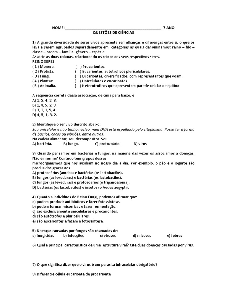 Questões de Ciências 7 Ano | PDF