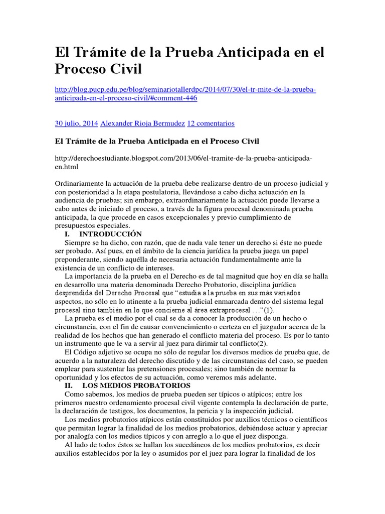 El Trámite de La Prueba Anticipada en El Proceso Civil | PDF