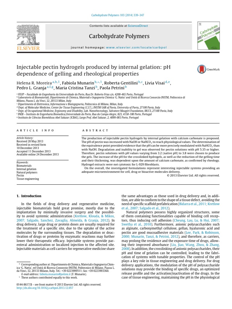 Injectable Pectin Hydrogels Produced by Internal Gelation PH