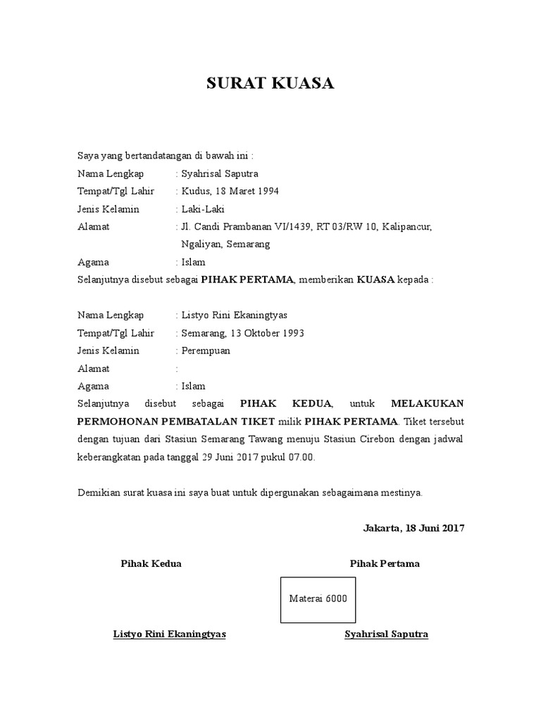Surat Kuasa Tiket | PDF