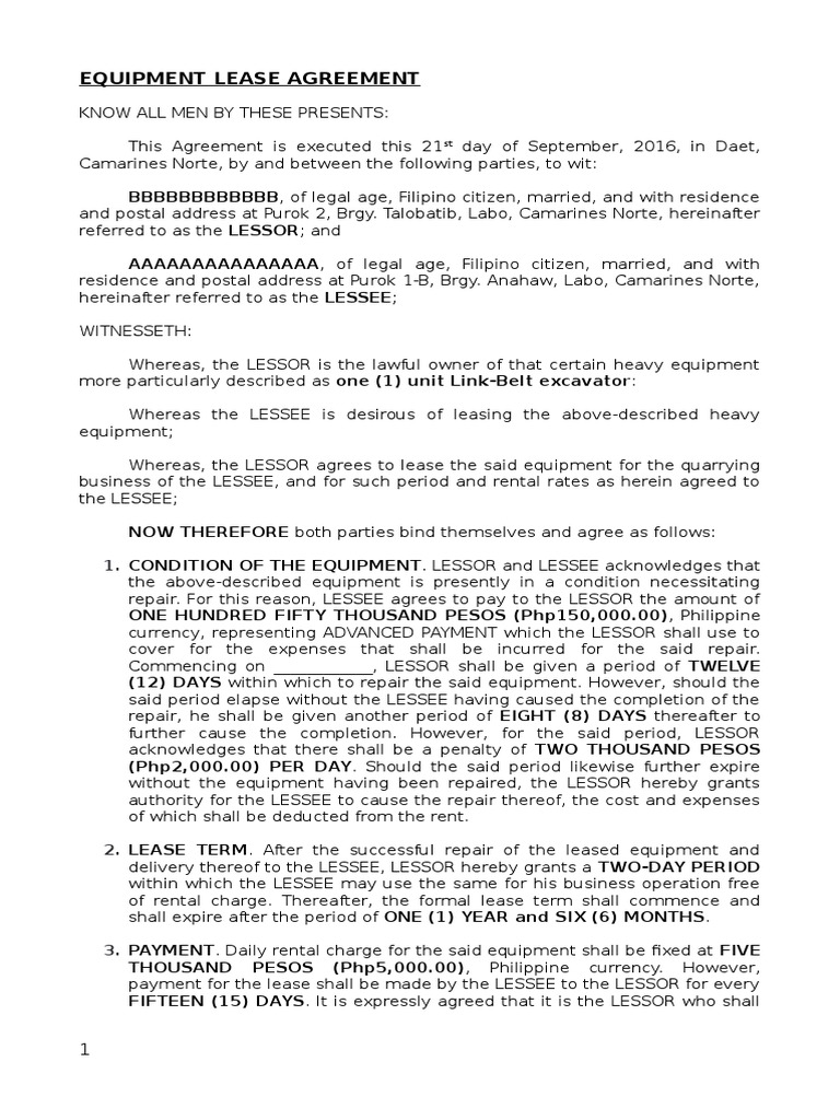 Equipment Lease Agreement | PDF | Assignment (Law) | Lease