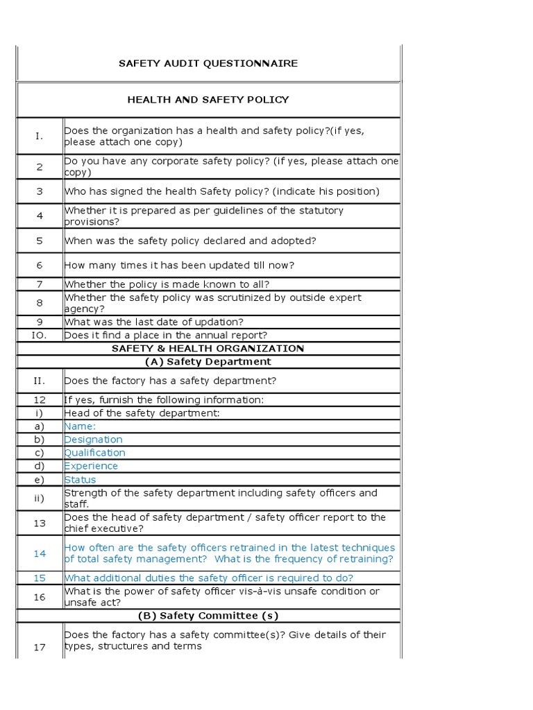 Safety Audit Questionnaire Overview | PDF | Personal Protective ...