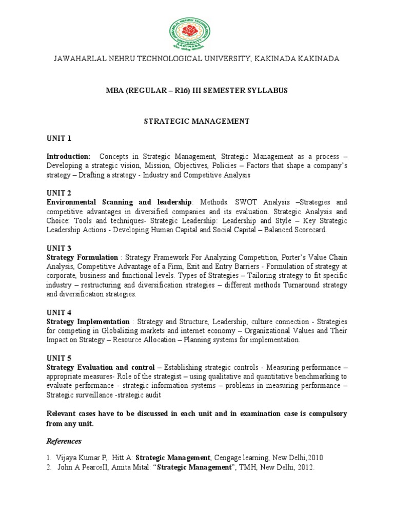 MBA Strategic Management Syllabus R16 | PDF | Strategic Management ...