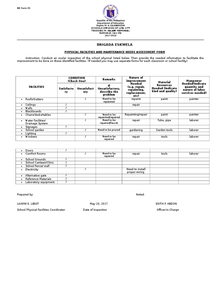 Be Form 1 Physical Facilities and Maintenance Needs Assessment Form