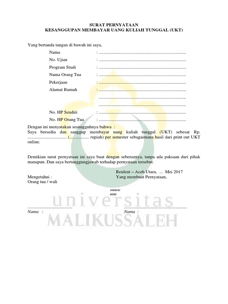 Surat Pernyataan Kesanggupan Membayar Ukt Terbaru